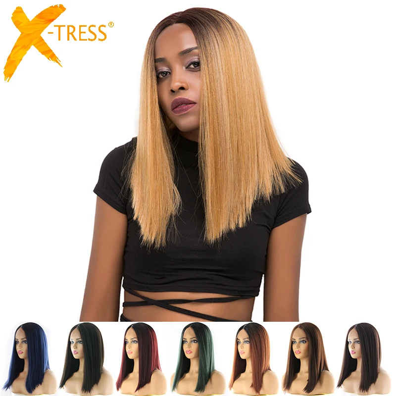 Baratos Pelucas de pelo sintético frontal de encaje corto Bob Peluca de encaje recto de Color rojo Rubio negro X TRESS Yaki para mujer