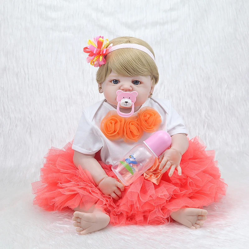 55 см Reborn Baby Doll игрушка полностью силиконовая оранжевая пачка платье принцессы ткань тело короткие волосы Реалистичная кукла для малышей Подарки для детей