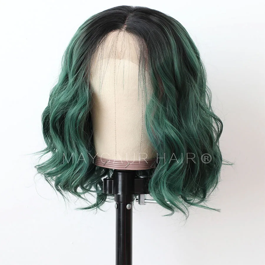 Maycaur Black Dark Green Short Bob Hair Synthetic Lace Front Wig Short Wavy Wigs with Natural Hairline For Women (5)