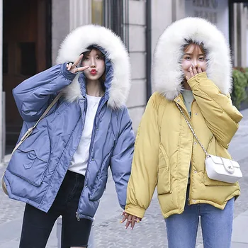 

2019 Fashion Woman Big Hat Outerwear Korean Loose Down Parka Women Jacket Warm Casual Style Large Collar Clothes