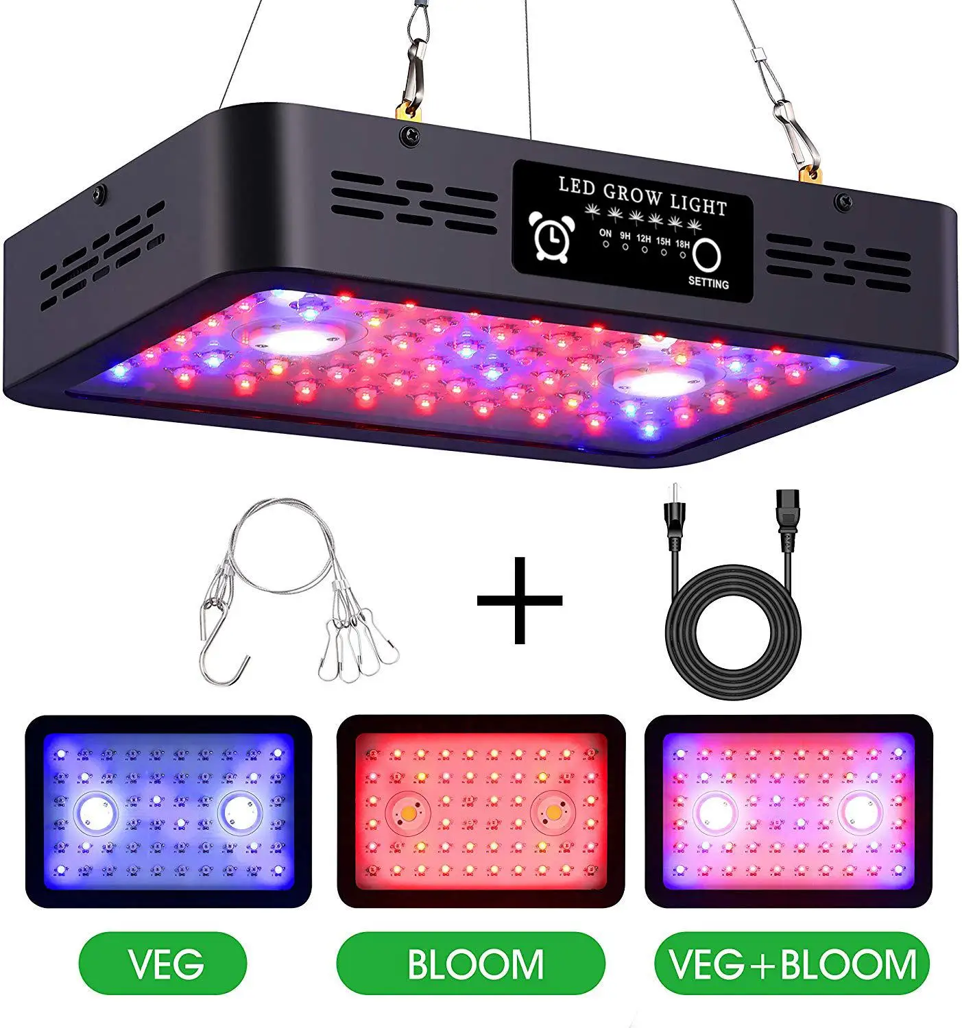 Full Spectrum Double Switch 1000W COB LED grow light Timer led lamps Veg/Bloom modes for Indoor plants Greenhouse grow tent