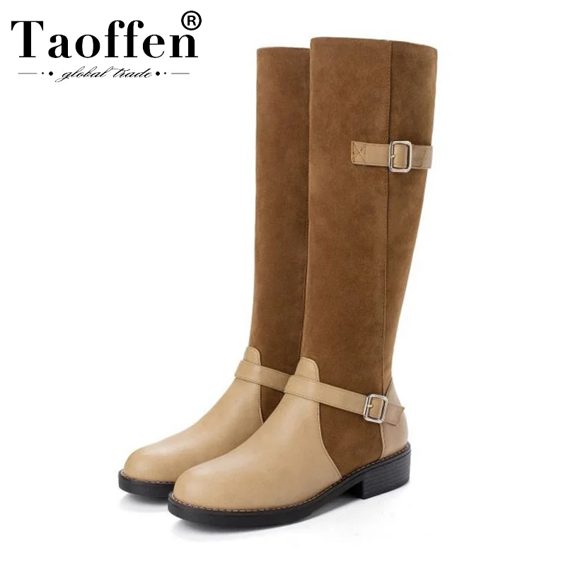 

Taoffen 2020 Women Knee High Boots Winter Warm Flats Buckle Long Boots Zipper Pu Leather Round Toe Winter Shoes Woman Size 32-44