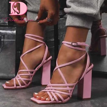 

Dora Tasia 2020 Hot Sale Women Sandals Square Heels Peep Toe Narrow Band Pumps Summer Casual Women Shoes