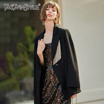 

TWOTWINSTYLE Casual Patchwork Diamond Tassel Brazer For Female Notched Long Sleeve Asymmetrical Suits Women Fashion 2020 Clothes