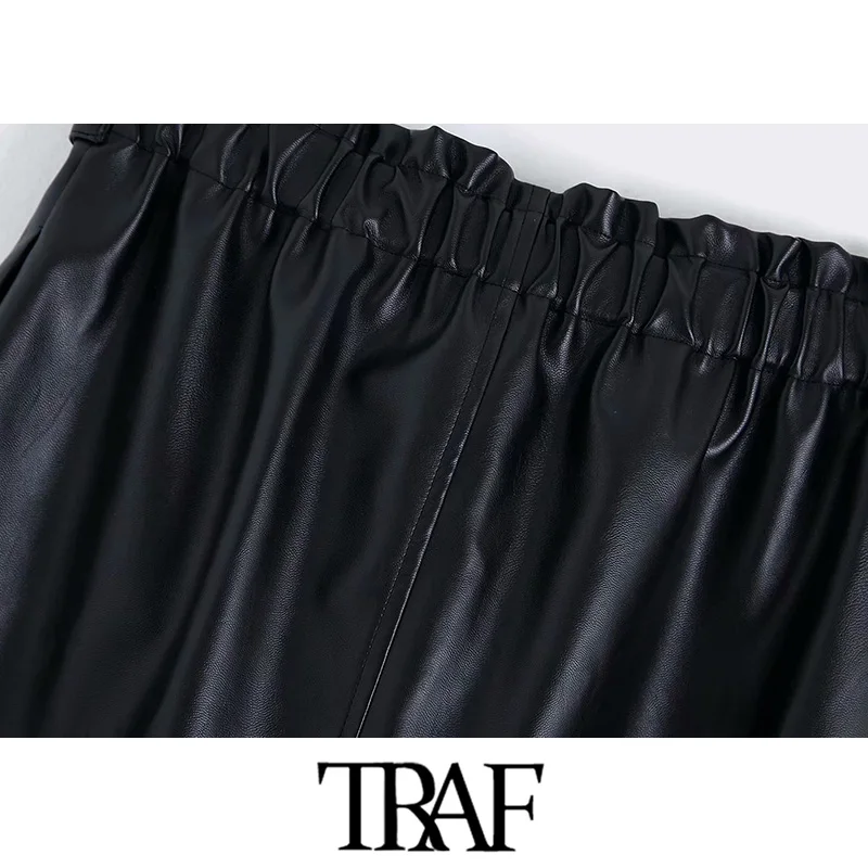 TRAF, Женская винтажная шикарная офисная одежда, юбка из искусственной кожи, модная, эластичная, на талии, с бантом, с поясом, с разрезом, женские юбки