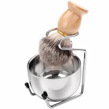 

3in1 Man Shaving Soap Brush Set Best Badger Hair Shaving Brush + Stainless Steel Bowl Mug + Stand Holder Fit Most Shave Cream