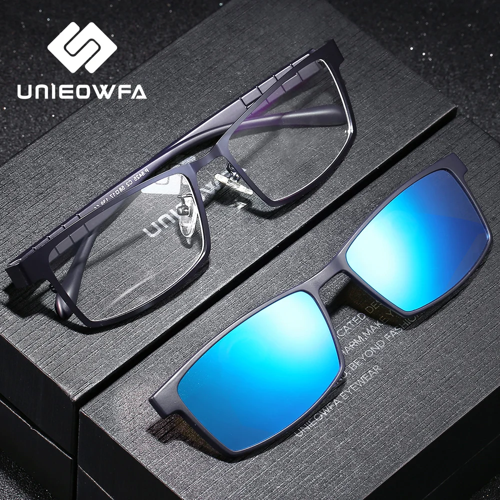 Skup UNIEOWFA 2 w 1 magnes okulary optyczne rama mężczyźni oprawki okularów dla osób z krótkowzrocznością stopień spolaryzowane okulary przeciwsłoneczne w formie nakładki męskie