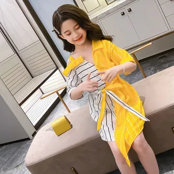 

summer baby girl short dress stripes patchwork open shoulder kids vestidos children belt irregular streetwear 4 to 14 yrs W22256