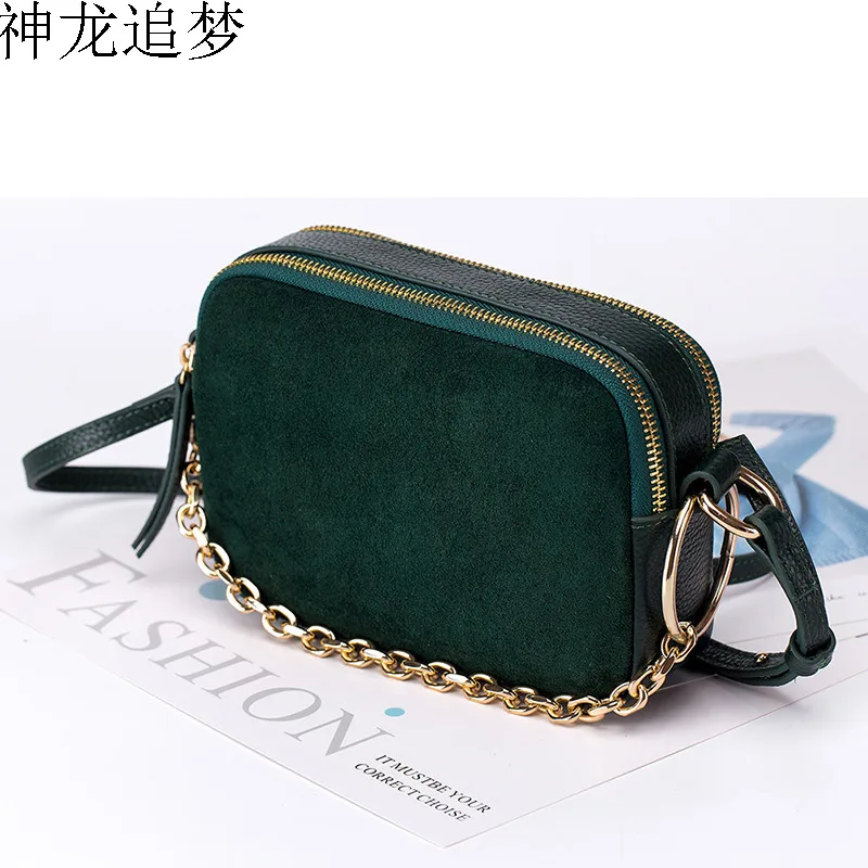 

The first layer of real cowhide bag female suede double zipper women business bag shoulder small bag mini leather leisure bag