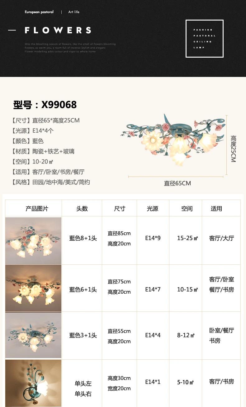 Korean Pastoral Simple Flower and Grass ceiling lamp Restaurant Cafe Bedroom Mediterranean Romantic Colored Rose ceiling lamp
