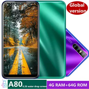 

A80 Global smartphones 4GB RAM 64GB ROM quad core 5MP+13MP front/back camera mobile cell phones Android OS face ID unlocked WiFi