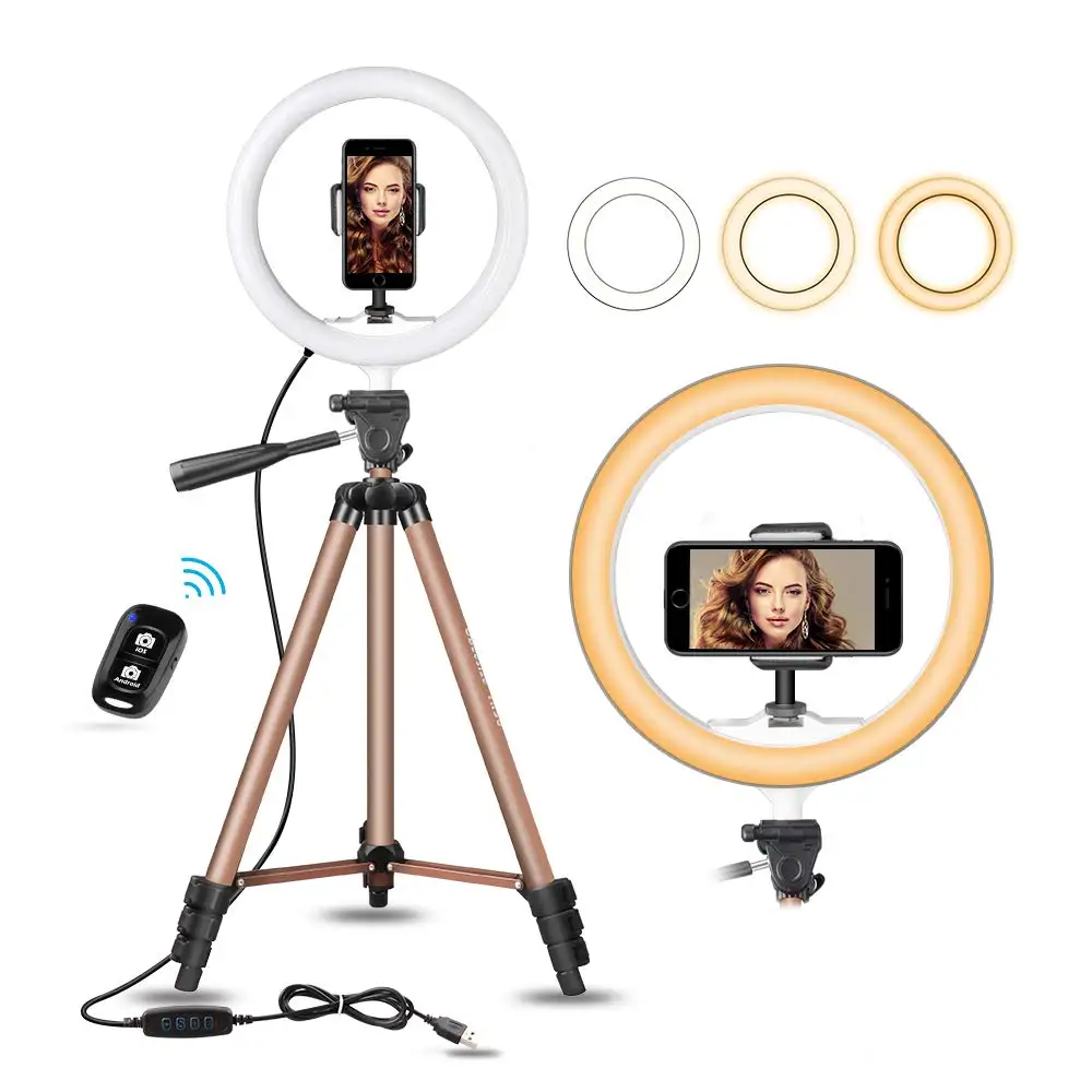 

10-inch self-timer ring light with 50-inch expandable tripod and flexible phone holder.