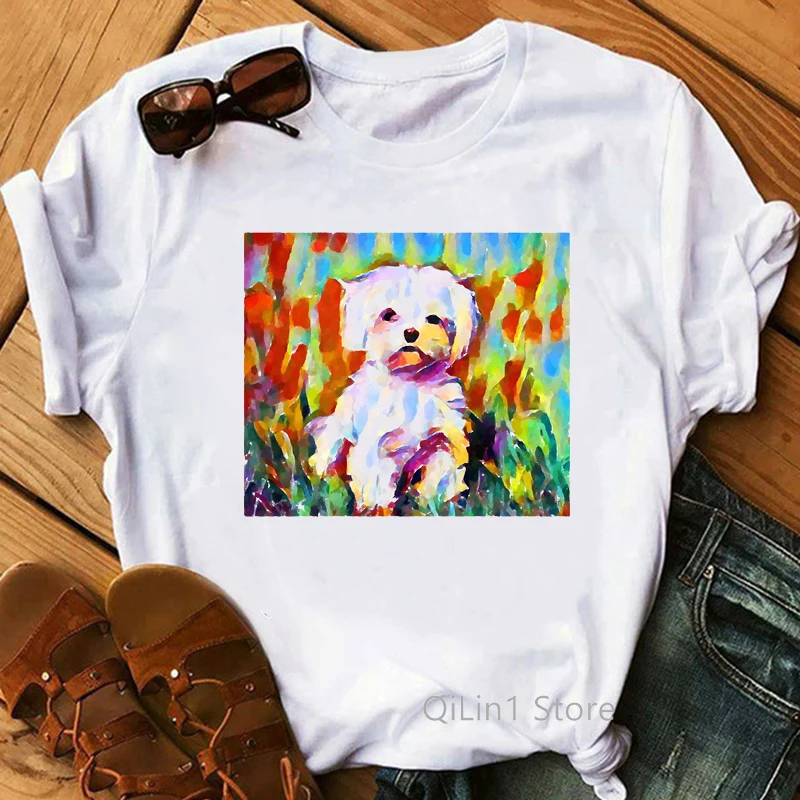 Maltese Print Graphic T Shirts Women Summer White T-Shirt Femme Casual Short Sleeve Summer Top Dog Lover Birthday Gift Clothes tee shirts Tees