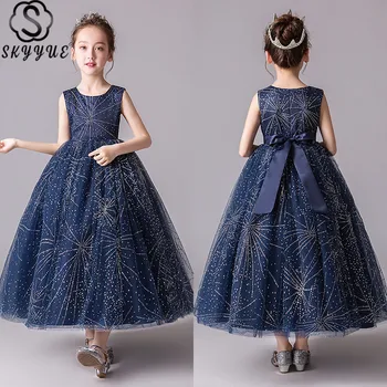

Skkyue Kid Party dress Printing Flower Girl Dress for Wedding Star Red O-Neck Long Communion Dress 4-15 Years 2019 BX2966