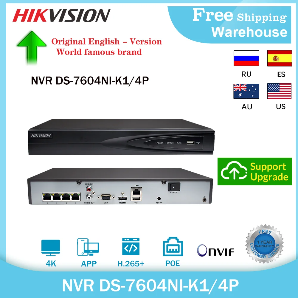 Система видеонаблюдения Hikvision 4K 8 Мп NVR DS-7604NI-K1/4P 4 канала POE H265 + 1SATA для IP-камер