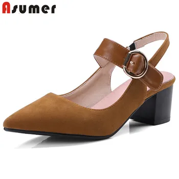 

ASUMER 2020 new arrive women pumps slingback buckle flock pointed toe summer square heel comfortable casual shoes ladies