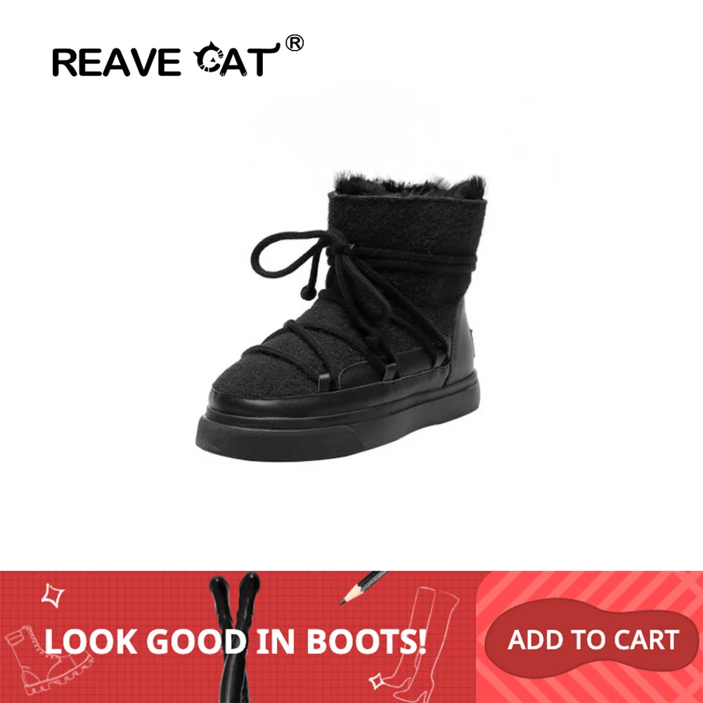 Женские теплые ботинки REAVE CAT зимние плюшевые на плоской подошве с круглым носком