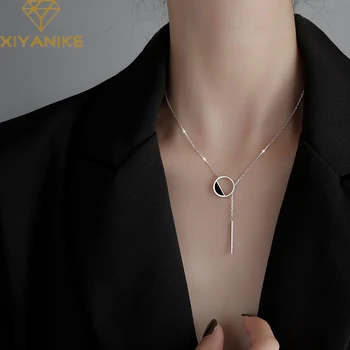 

XIYANIKE 925 Sterling Silver Black Round Hollow Tassel Necklace Female Simple Temperament Sweater Chain Fashion Handmade Jewelry