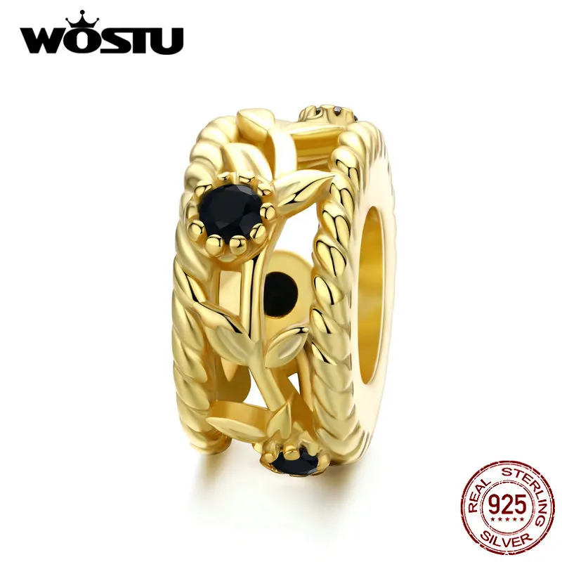 

WOSTU Classical 925 Sterling Silver Gold Vines Bead Zircon Flower Charm Fit Original Bracelet Pendant DIY Jewelry Making BKC137