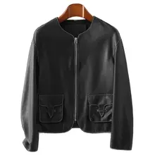 

Hot Sale High Quality Genuine Leather Black Jacket OL Commuter Women 2021 Fall Winter New Round Neck Short Coat Zipper