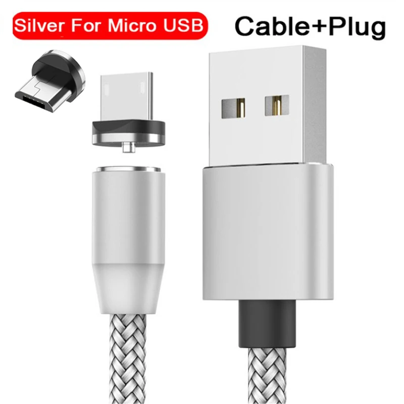 A02-Micro silver Магнитный кабель Micro USB, магнитный кабель для быстрой зарядки, 3 А, кабель usb type C, 1 м, 2 м, провод Android, кабель для быстрой зарядки мобильного телефона, шнур для передачи данных - Цвет: A02-Micro silver
