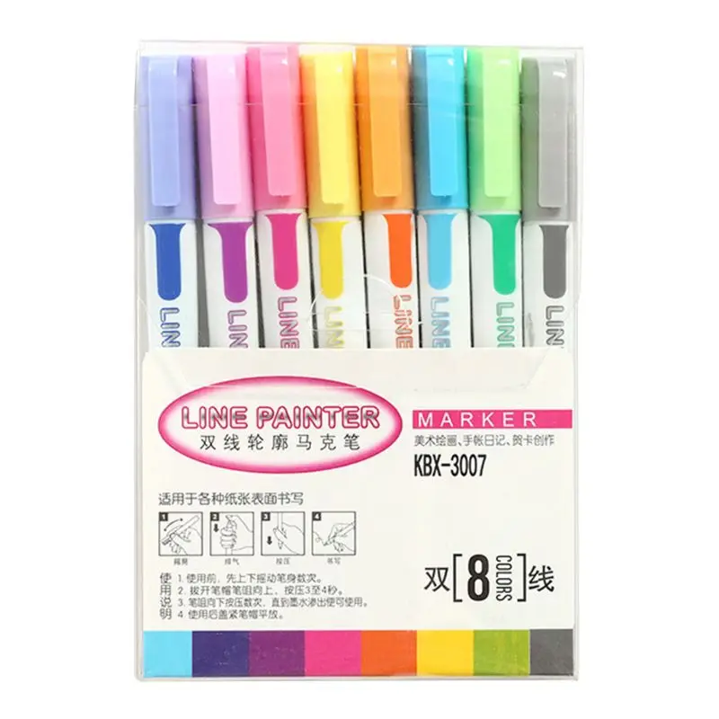 

8Pcs Colorful Marker Pen Drawing Double Line Outline Pen Handwriting Pen B95C
