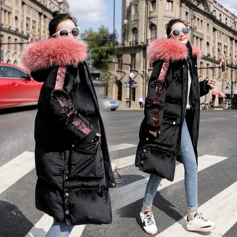 

2019 Winter New Style down Feather Cotton Jacket Women's Hooded Mid-length Gold Velvet Cotton-padded Jacket Korean-style Slim Fi