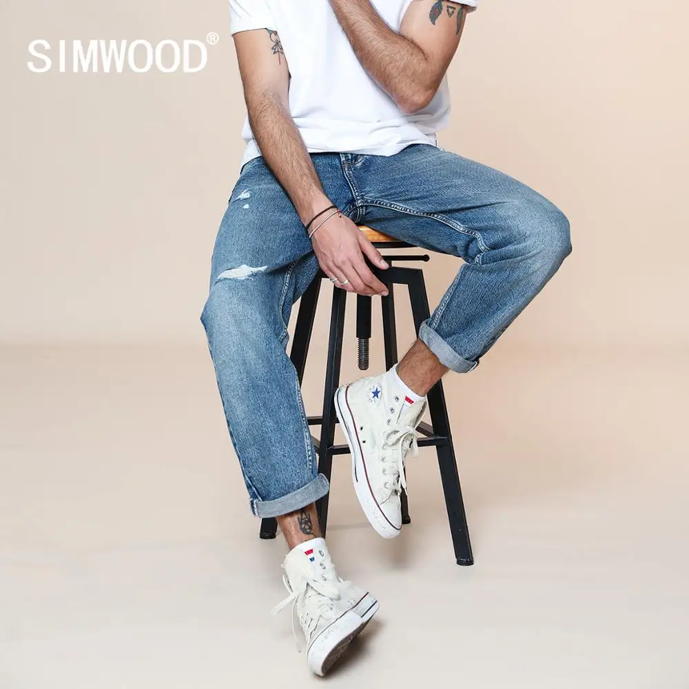 Мужские рваные джинсы SIMWOOD свободные джинсовые брюки до щиколотки с дырками