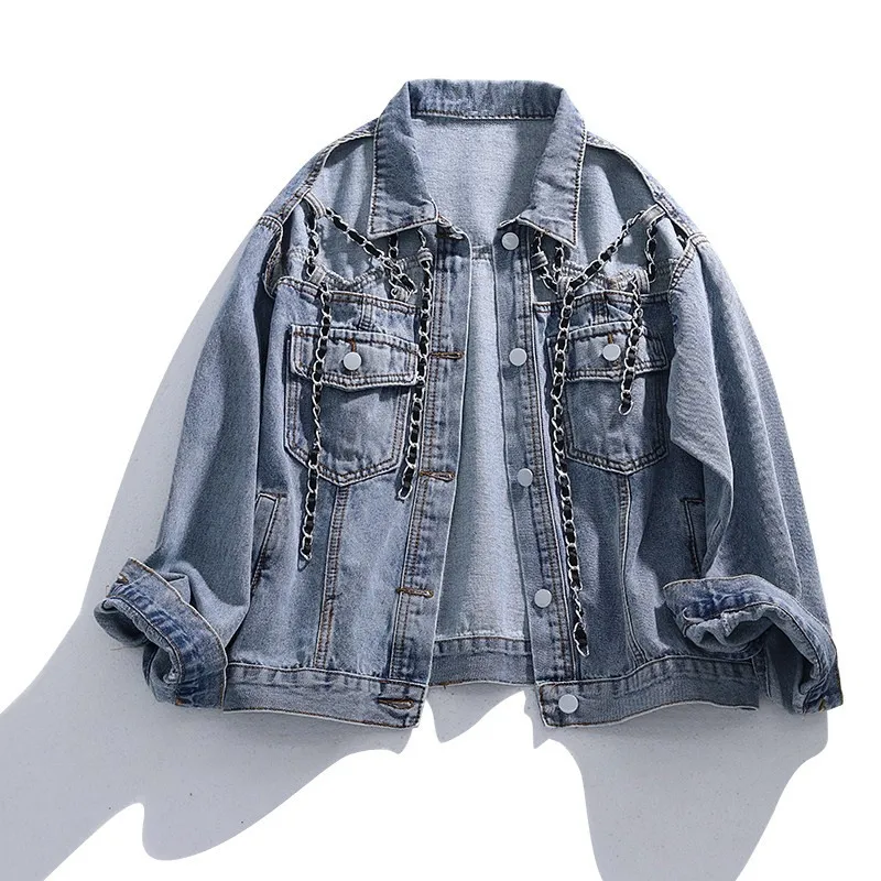 

Mujer chaqueta Jeans jacket Autumn Vintage Chain Stitching Denim coat Women Short Loose Hollow out Plus size Woman Bomber jacket