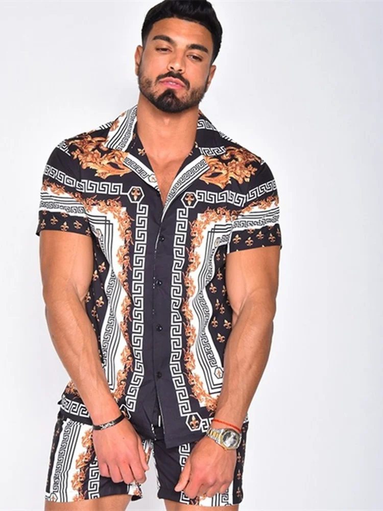 S-XXXL Spring Summer 2021  European American Hawaii Printed Shirt Quick-Drying Leisure Suits Male Casual Fashion 2 Pieces Sets