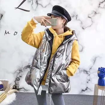 

2020 Autumn Winter New Style Korean-style Thick Bright Surface Cotton Vest Student Loose Hooded Parka Gilet Coat