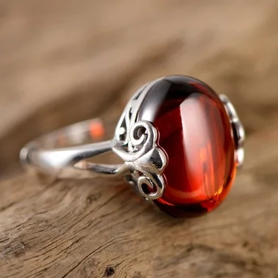 

925 sterling silver retro personality synthetic garnet lace ladies open ring gift