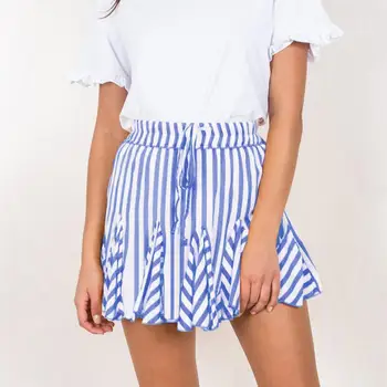 

Summer skirt Women Stripe Pleated High Waist Tie Belt Flared Woman Skirts Womens Casual Mini Skirt Women Loose Jupe Saia Faldas