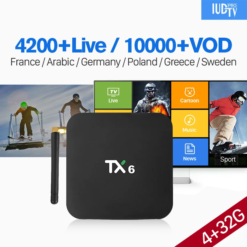 

TX6 Android 9.0 IPTV Sweden Spain Italy IUDTV 4+32G BT5.0 USB3.0 Dual-Band WIFI IPTV 1 Year Italy Greece English UK Germany Box