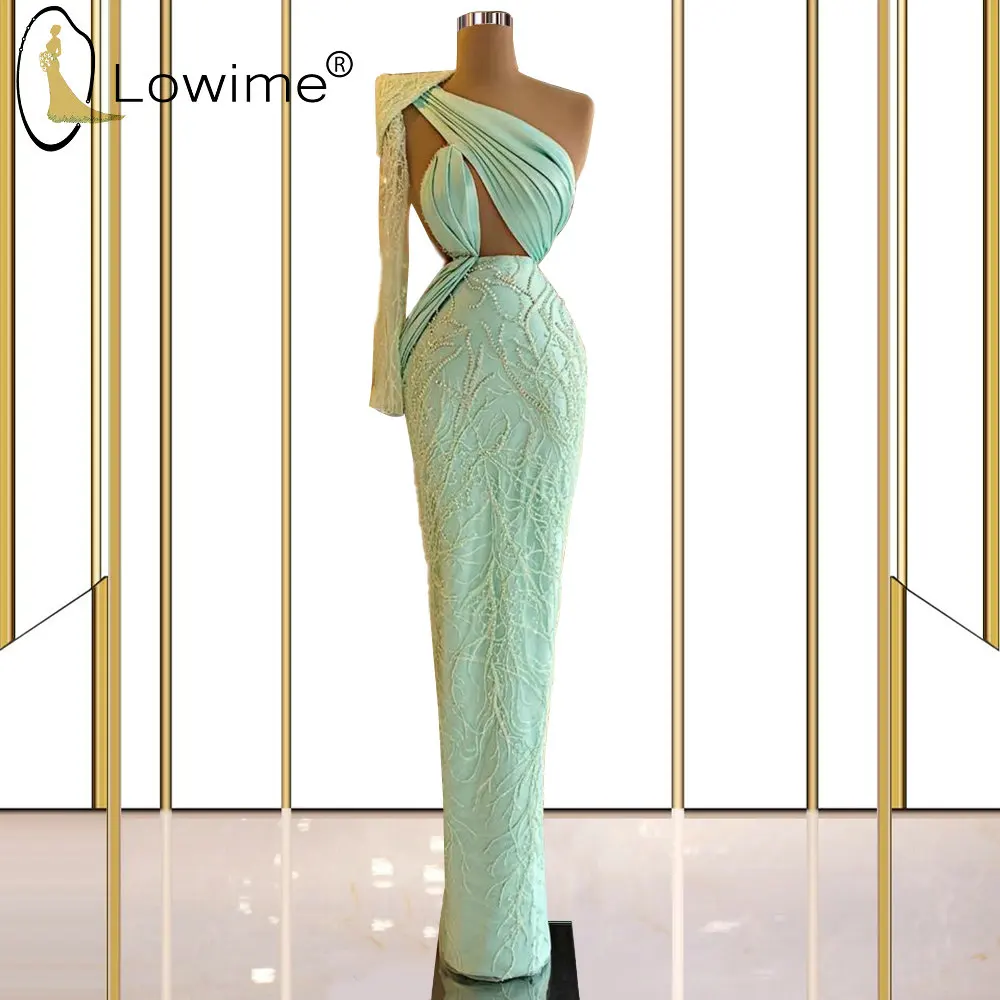 

Mint Green Long Straight One Shoulder Evening Dresses Single Sleeve Luxury Pearls Robe De Soiree Formal Party Gowns for Women