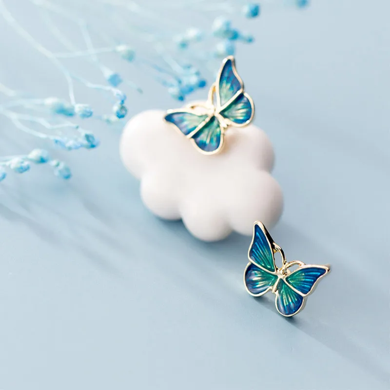 Эмалированные серьги-гвоздики в виде бабочки, 925 пробы серебряные серьги для женщин и девушек, маленький золотого цвета, модные ювелирные изделия, подарок