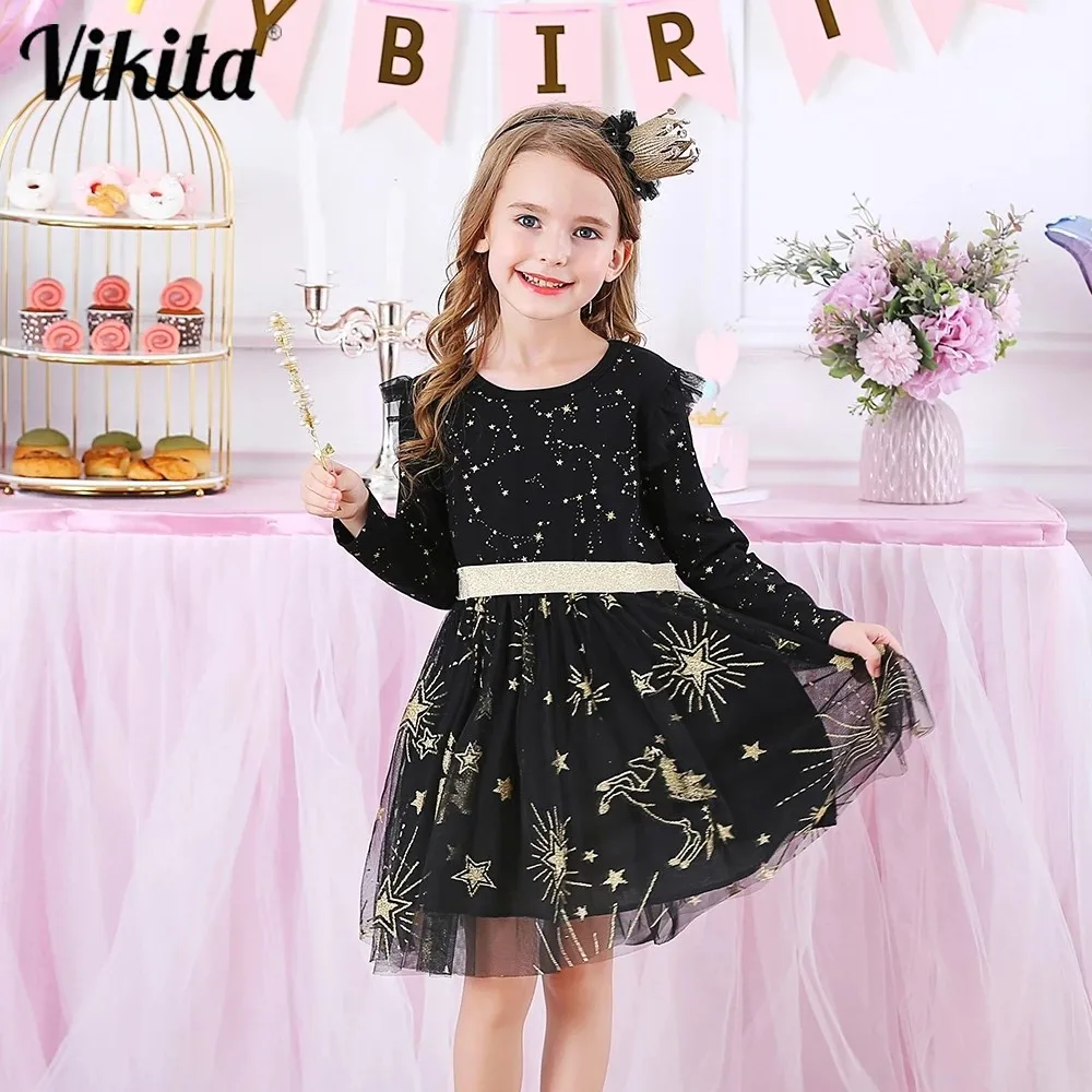 VIKITA Kids Party Dress for Girl Children Sequined Dresses Girls Star Toddlers Casual Autumn Costumes | Детская одежда и обувь