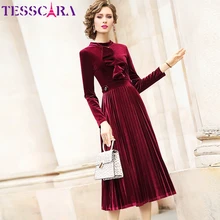 TESSCARA, женское осеннее и зимнее элегантное бархатное платье, женские дизайнерские Коктейльные Вечерние платья с рюшами, винтажное длинное плиссированное платье