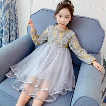 

Girls' lace dress 2020 Spring Children's birthday party dress Long sleeve Princess Knee Length Dress 110-160cm