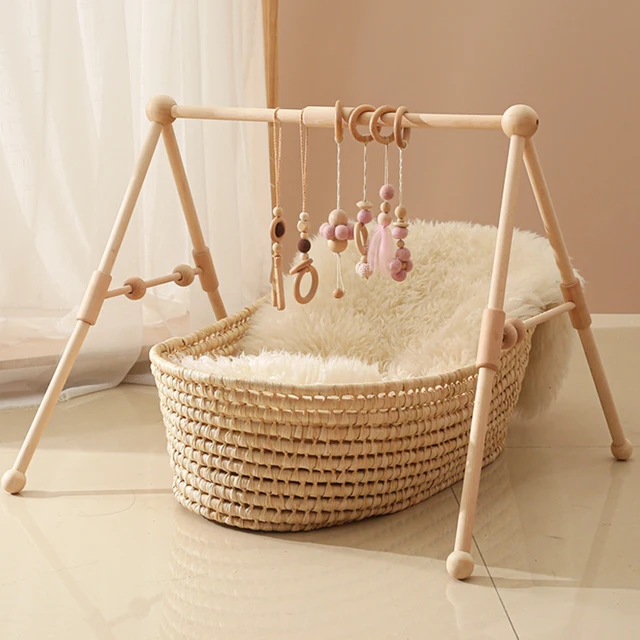 1set Baby Wooden Rattle Toys Play Gym Mobile Hanging Sensory Toys Foldable Play Gym Frame Activity Gym Baby Room Decorations Toy