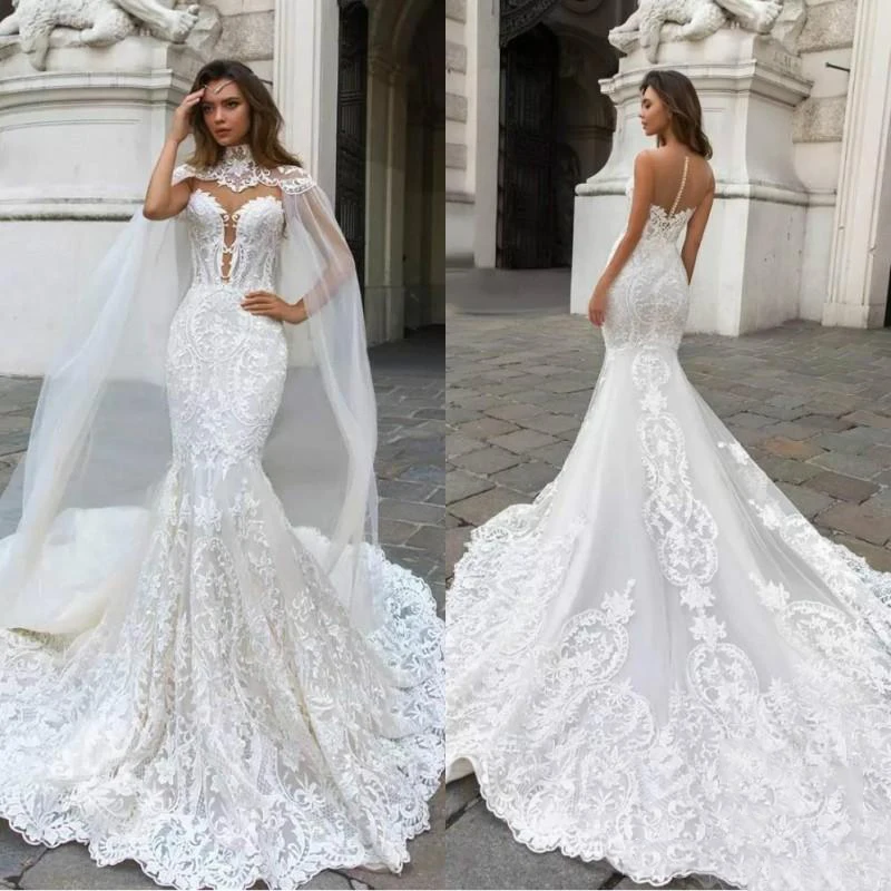 Hot Gorgeous Mermaid Lace Wedding Dresses With Cape Sheer Bohemian Gown Appliqued Plus Size Bridal Vestido De Noiva | Свадьбы и