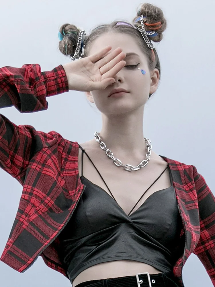 PUNK RAVE Girl's Plaid Long-sleeved Short Jacket