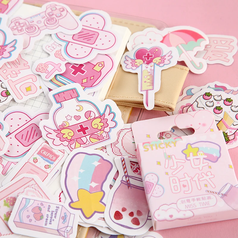 Journamm-pegatinas adhesivas de gato en caja, planificador de colección de recortes, papelería decorativa japonesa Kawaii, color rosa Kwaii, 46 unids/lote