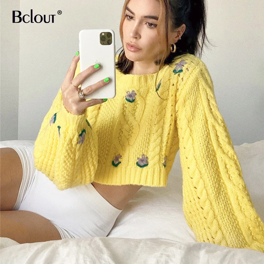 Bclout Осенние цветы вышивка Повседневный женский свитер-пуловер Топ Фонарь