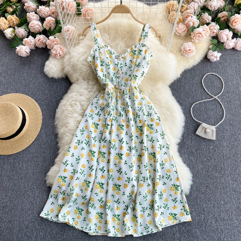 

Women Sexy Party Dress Suspender Skirt Floral Dress 2021 New Summer Dress Korean Style Long Suspender Skirt Strap V-neck Dress