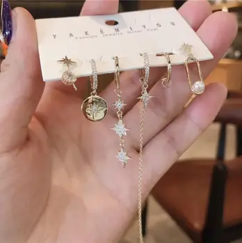 

women 6-piece set micro-inlaid octagonal ear line multi-purpose earrings