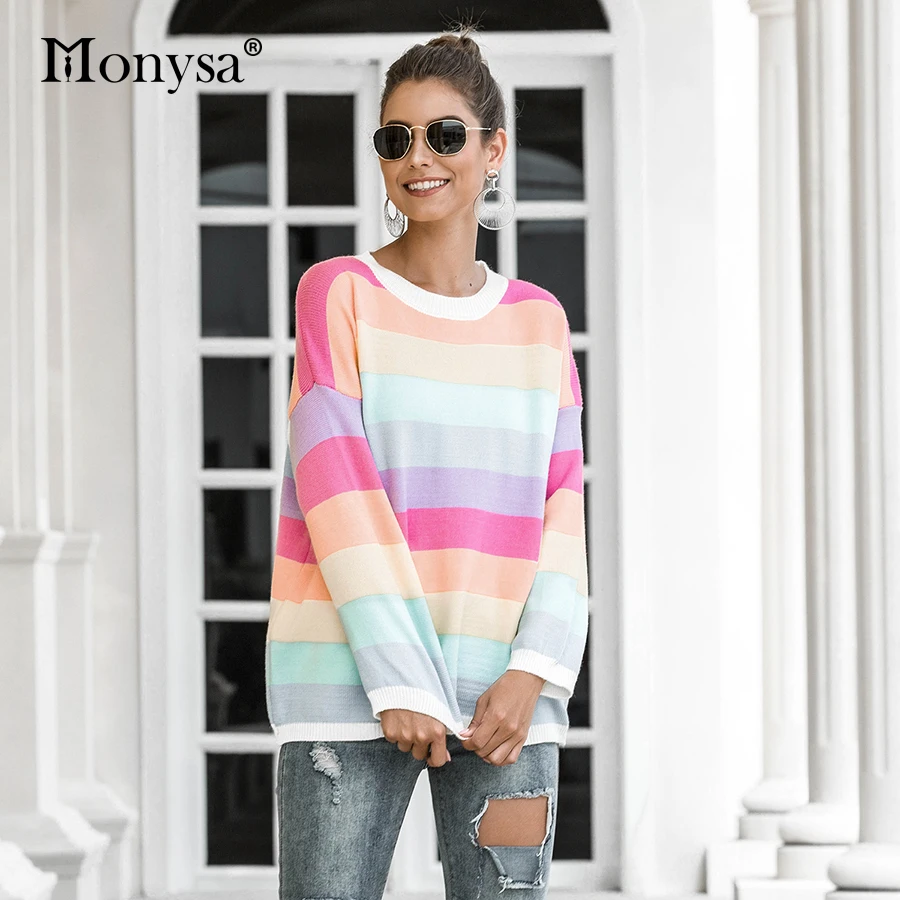 Радужный полосатый Повседневный вязаный свитер для женщин 2019 весна осень Новое
