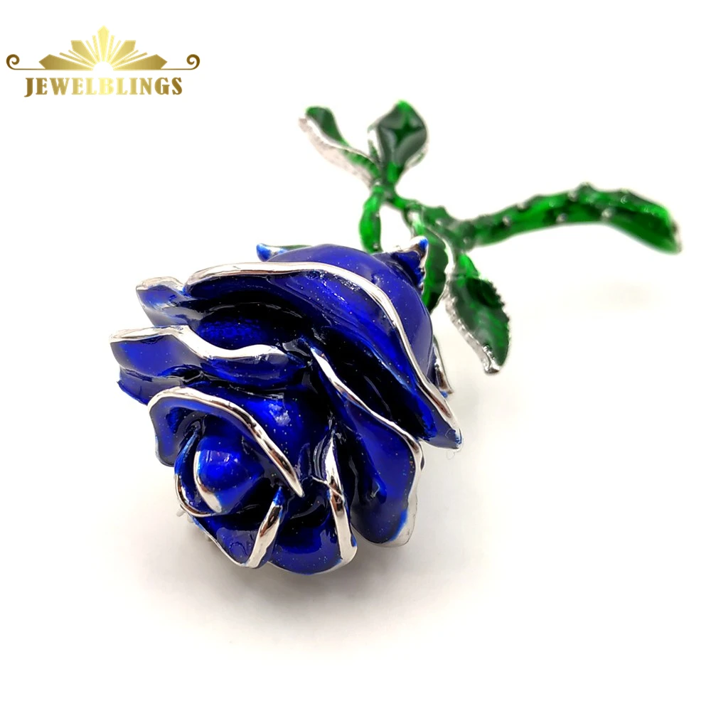 

Antique Long Stem Green Leaf Multi Layered Petals Blue Rose Bud Brooches Flower Pins for Mother's Day Anniversary Gift Jewelry