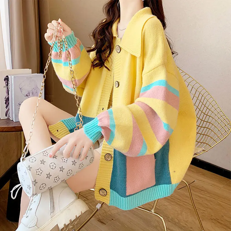 

Knitted Cardigan Coat Women's Autumn And Winter New Fashion Leisure Loose Color Matching Lady Button Pocket Sweater