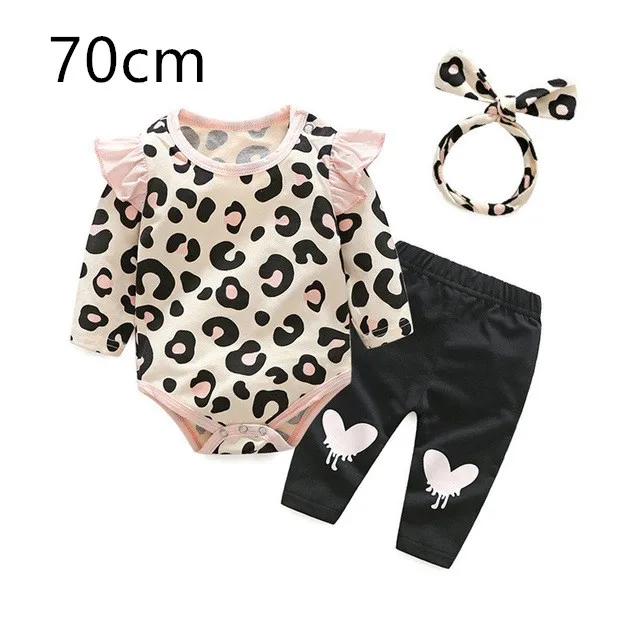 Топ и топ, комплект одежды для маленьких девочек, г. Осенняя одежда для новорожденных девочек Комбинезон с леопардовым принтом, повязка на голову, штаны комплект одежды из 3 предметов - Цвет: 70cm